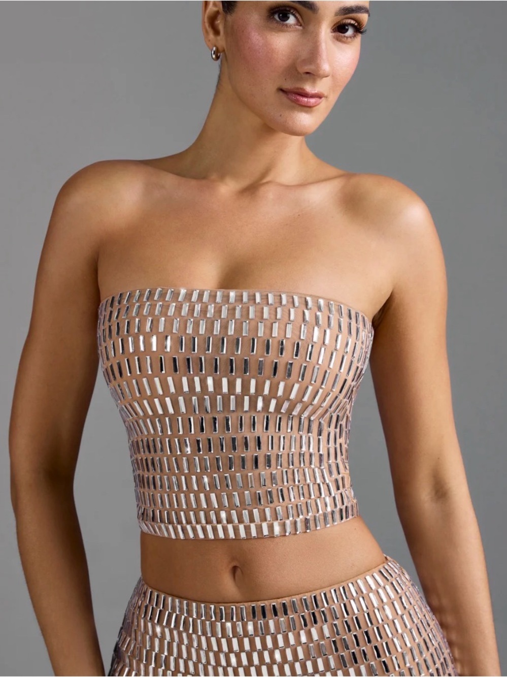 Oh Polly Charnelle Nude Strapless Crop Embellished Bandeau Top US 4